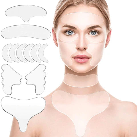 Set mit 16 wiederverwendbaren Anti-Falten-Pads gegen Mimikfalten - Gesicht, Hals und Dekolleté