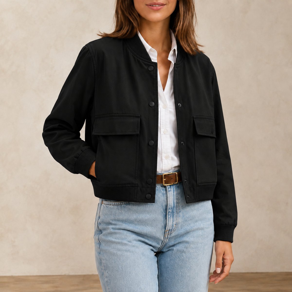 Damen-Bomberjacke mit V-Ausschnitt Schwarz