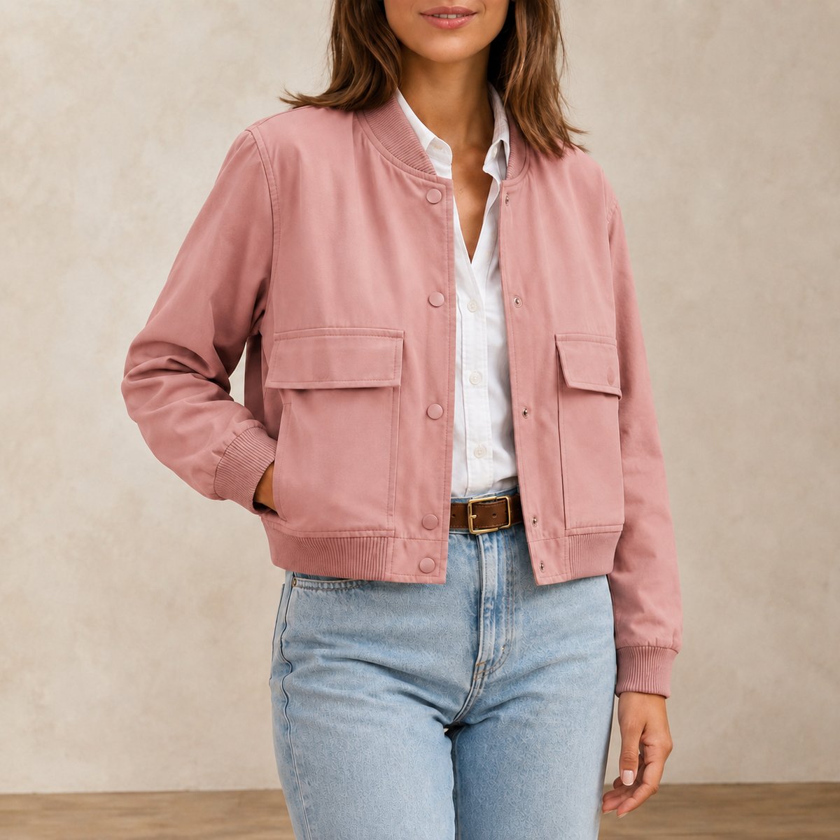 Damen-Bomberjacke mit V-Ausschnitt Rosa