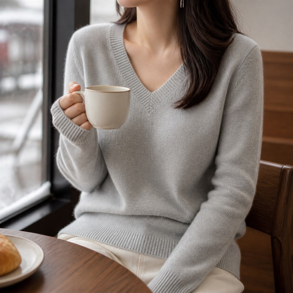 Damen-Pullover Kaschmir V-Ausschnitt mit Spitze Winter 8